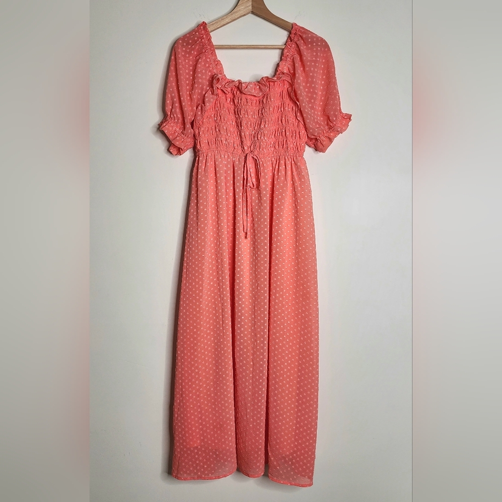 Indigo Rose Coral Swiss Dot Ruffle Maxi Dress Med Bridgerton Regencycore